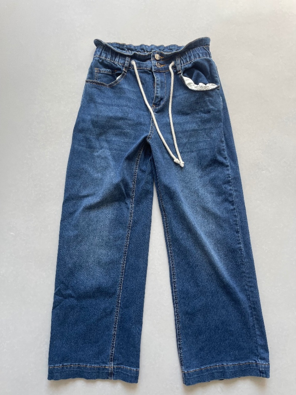 Women’s High Rise Wide Leg Jeans Size S Paperbag Waist Drawstring Blue Denim